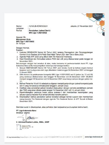 Surat PT LIB kepada klub.