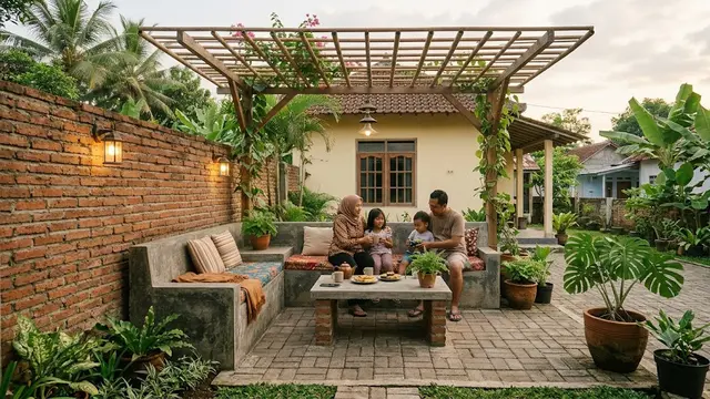 Desain Area Santai Permanen dari Semen dan Bata Ekspos yang Cocok untuk Family Time Model  dengan Bentuk L