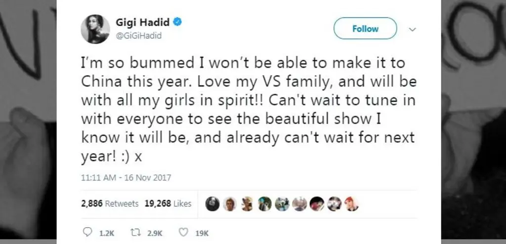 Pernyataan Gigi Hadid soal penampilannya di Victoria's Secret Fashion Show 2017. [foto: Twitter.com]
