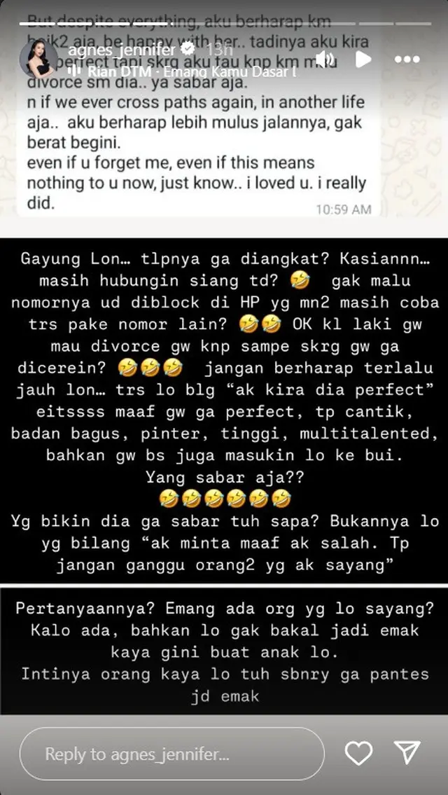 Agnes Jennifer bongkar chat sosok 'Gayung Lope Pink' kukuh dekati suaminya walau sudah diblokir