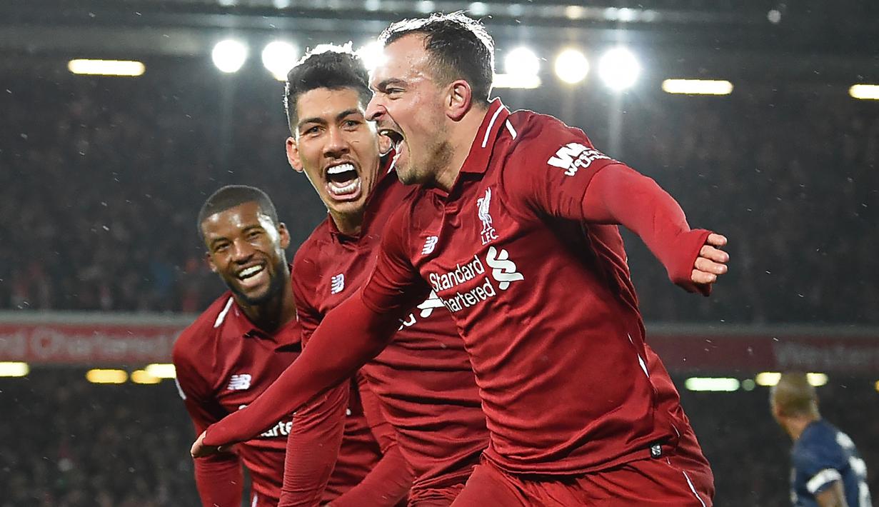 Kini The Reds memuncaki klasemen sementara dengan raihan 45 poin. Dari 17 laga yang dilakono, Liverpool sukses mengantongi 14 kemenangan dan 3 hasil imbang. (AFP/Paul Ellis)