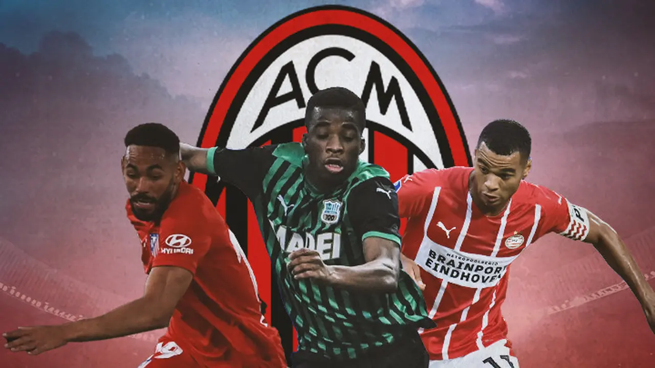 Ilustrasi - Cody Gakpo, Hamed Traore, Matheus Cunha Bacgkround Logo AC Milan