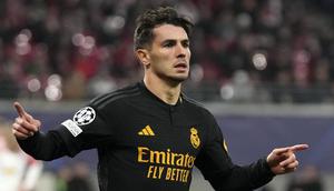 Pemain Real Madrid, Brahim Diaz mencetak gol kemenangan timnya ke gawang RB Leipzig pada laga leg pertama 16 besar Liga Champions 2023/2024 di Red Bull arena stadium, Leipzig, Jerman, Rabu (14/02/2024) dini hari WIB. (AP Photo/Matthias Schrader)