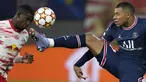 Penyerang Paris Saint Germain (PSG) Kylian Mbappe berebut bola dengan bek RB Leipzig Nordi Mukiele pada matchday keempat Grup A Liga Champions di Sheriff Stadium, Kamis dinihari WIB (4/11/2021). PSG harus puas dengan skor imbang 2-2. (AP Photo/Michael Sohn)