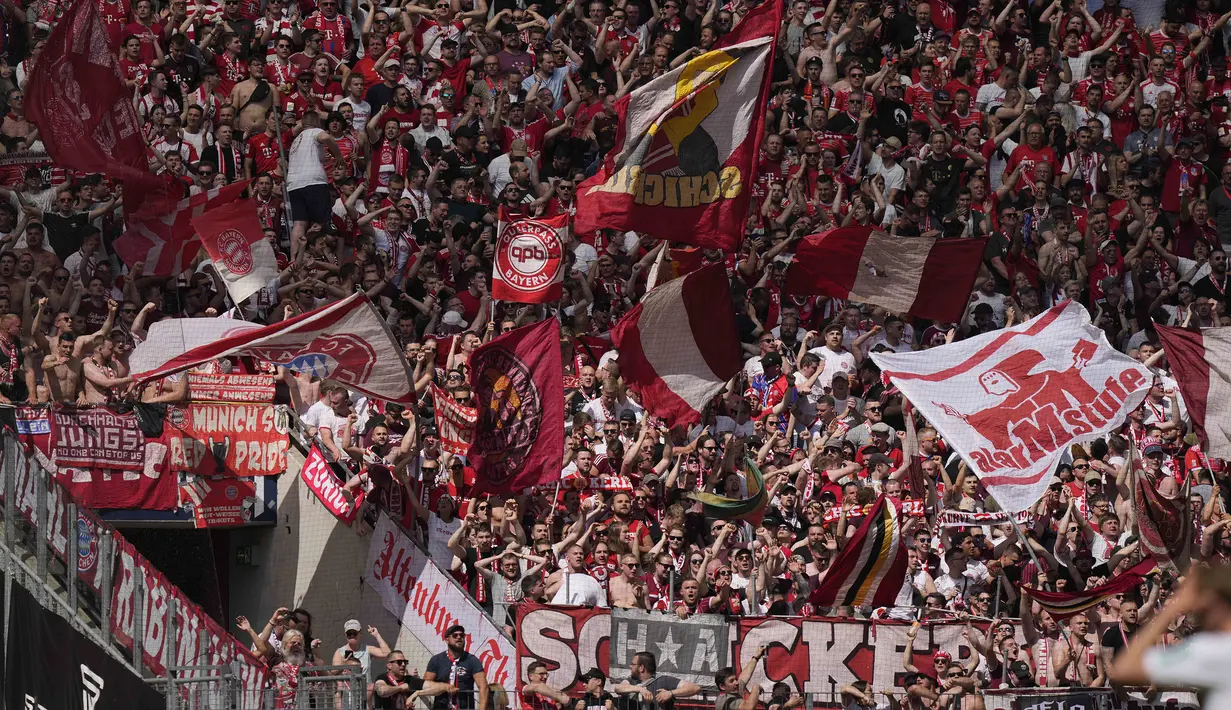 Suporter Bayern Munchen merayakan keberhasilan timnya menjuarai Liga Jerman 2022/2023 setelah mengalahkan FC Cologne 2-1 pada laga pekan terakhir di Cologne, Jerman (27/5/2023). (AP Photo/Matthias Schrader)