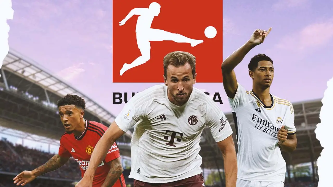 Ilustrasi - Jadon Sancho, Harry Kane, Jude Bellingham dan Logo Bundesliga