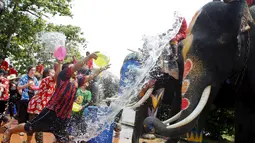 Seorang anak melempar air dalam baskom ke arah gajah saat festival air Songkran di Ayutthaya, Bangkok, Thailand (10/4/2015). Festival air songkoran menandai dimulainya Tahun Baru tradisional Thailand. (REUTERS/Chaiwat Subprasom)
