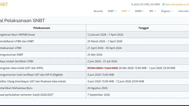 Tangkapan Layar Jadwal SNBT Politeknik Negeri Bandung di Laman Resminya/Foto:smb.polban.ac.id/