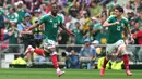 Pemain Meksiko, Julian Quinones menjadi pencetak gol pertama di Piala Dunia 2026. (AP Photo/Eduardo Verdugo)
