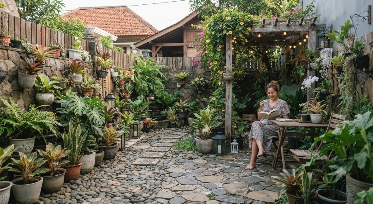 Ide taman yang tetap cantik meski tanpa rumput dan cocok untuk pemilik introvert model kombinasi batu alam dan tanaman dalam pot