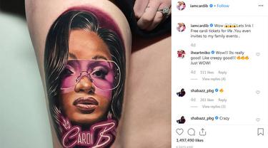 Seorang Fans Tattoo Wajah Sang Rapper Cardi B Berikan Tiket Gratis Konsernya Seumur Hidup News Entertainment Fimela Com