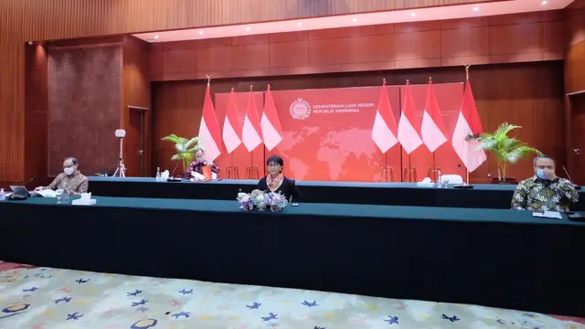 Kementerian Luar Negeri RI saat menggelar press briefing secara virtual pada Kamis (23/7/2020), yang membahas keterlibatan Indonesia dalam menjadi presiden DK PBB pada Agustus mendatang. (Photo credit: Kementerian Luar Negeri RI)