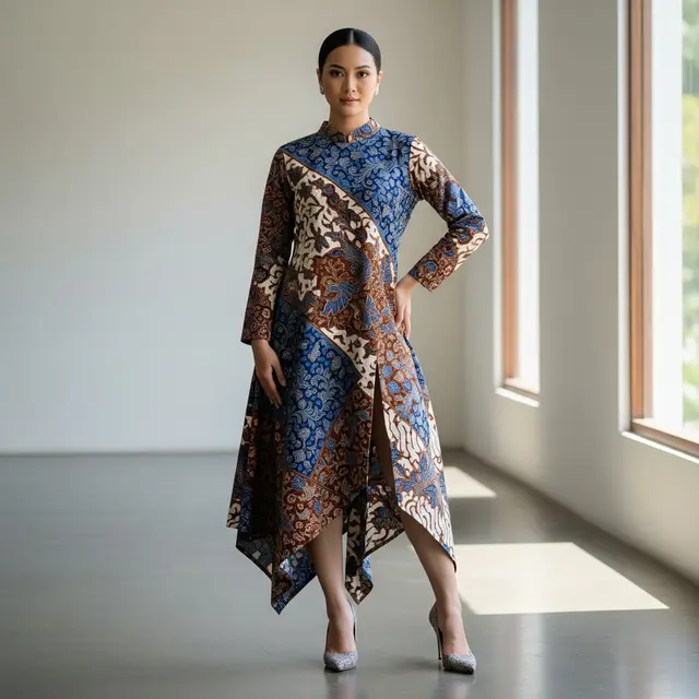Model Tunik Batik Panjang dengan Detail Asimetris Modern