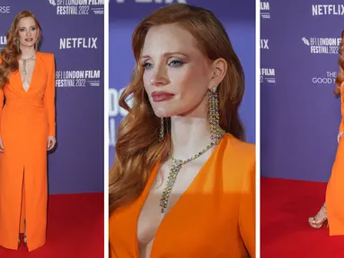 Foto kolase Jessica Chastain saat menghadiri pemutaran perdana film 'The Good Nurse' selama Festival Film London 2022 di London, Senin, 10 Oktober 2022. (Photo by Scott Garfitt/Invision/AP)