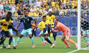 Gonzalo Plata #19 dari Ekuador mencetak gol kedua timnya pada pertandingan Grup E Piala Dunia 2026 antara Ekuador dan Jerman di Stadion New York New Jersey pada 26 Juni 2026 di East Rutherford, New Jersey. (Justin Setterfield/Getty Images melalui AFP)