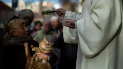 Pastor memberkati seekor kucing pada peringatan Hari santo Antonius di gereja Escola Pia, Spanyol, Kamis (17/1). Pemberkatan hewan ini sebagai bentuk peringatan akan sosok San Anthony yang dikenal sebagai santo pelindung binatang. (AP/Emilio Morenatti)