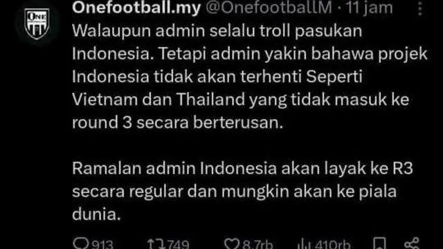 Media Malaysia Puji Timnas Indonesia Usai Kalahkan Arab Saudi/Screenshot akun X One Football Malaysia