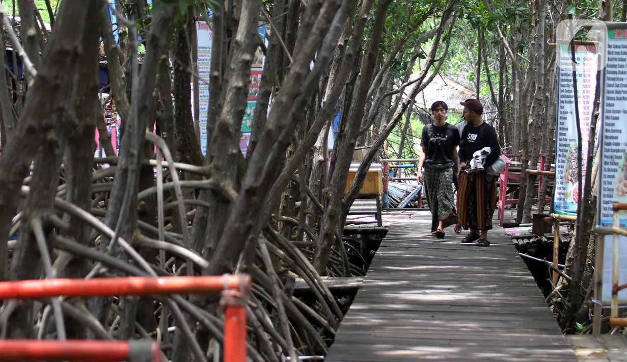 Warga melintas di hutan bakau Desa Kaliwlingi Kabupaten Brebes, Jawa Tengah (28/03/2022). Yayasan KEHATI dan KMPHP berkolaborasi   mendukung program pemberdayaan masyarakat dan sinkronisasi dari kegiatan ekowisata yang dapat meningkatkan perekonomian masyarakat. (Liputan6.com/HO/Ading)      
