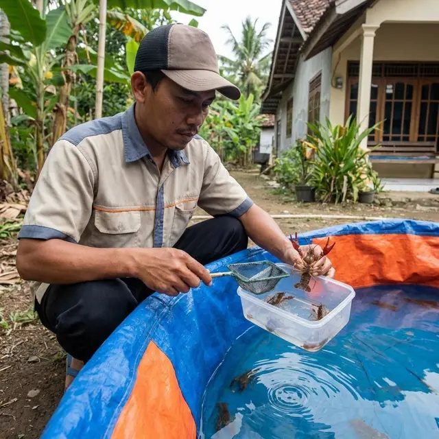 Memilih benih lobster berukuran 2 inci yang memiliki kelengkapan organ tubuh (Gemini AI)