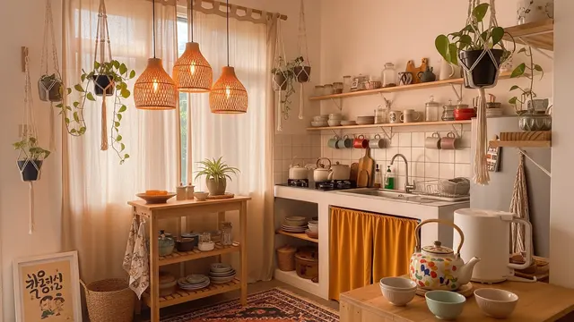 Dapur Bohemian Pastel dengan Nuansa Hangat