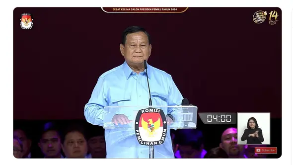 <p>Calon Presiden (Capres) nomor urut 02 Prabowo Subianto saat membacakan visi misi di debat Pilpres 2024 terakhir yang digelar Minggu (4/2/2024)&nbsp;di Jakarta Convention Center (JCC), Senayan, Jakarta Pusat. (Tangkapan Layar YouTube KPU RI)</p>