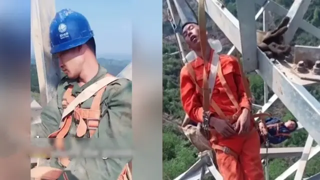 Pekerja konstruksi bangunan tidur di ketinggian