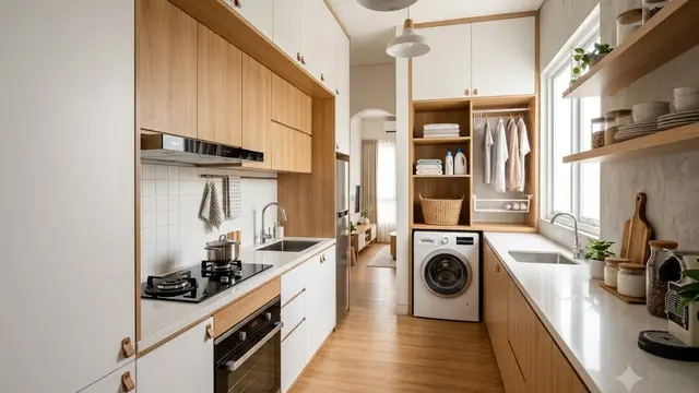 Dapur Memanjang dengan Area Cuci di Ujung Ruangan