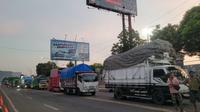 Ratusan truk logistik terpantau mengantre panjang di penyeberangan Pelabuhan Ketapang-Gilimanuk.