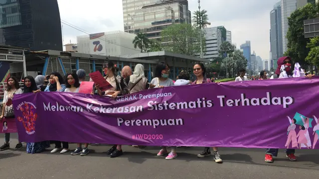 Aksi di Hari Perempuan Internasional, Jakarta, Minggu (8/3/2020). (Liputan6.com/ Muhammad Radityo Priyasmoro)
