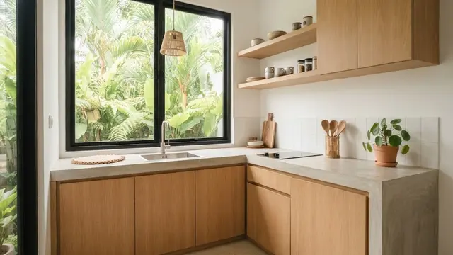 Dapur Japandi dengan Meja Permanen Warna Kayu Terang