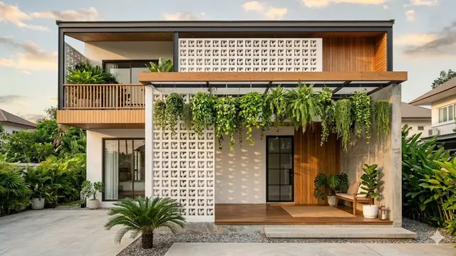 Desain Fasad Rumah dengan Roster dan Tanaman Gantung