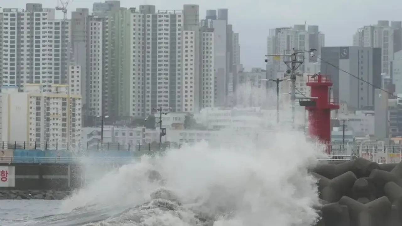 Gelombang besar menghantam pantai saat Topan Khanun mendekati semenanjung Korea, di Busan, pada Kamis, 10 Agustus 2023 [Ahn Young-joon/AP Photo]
