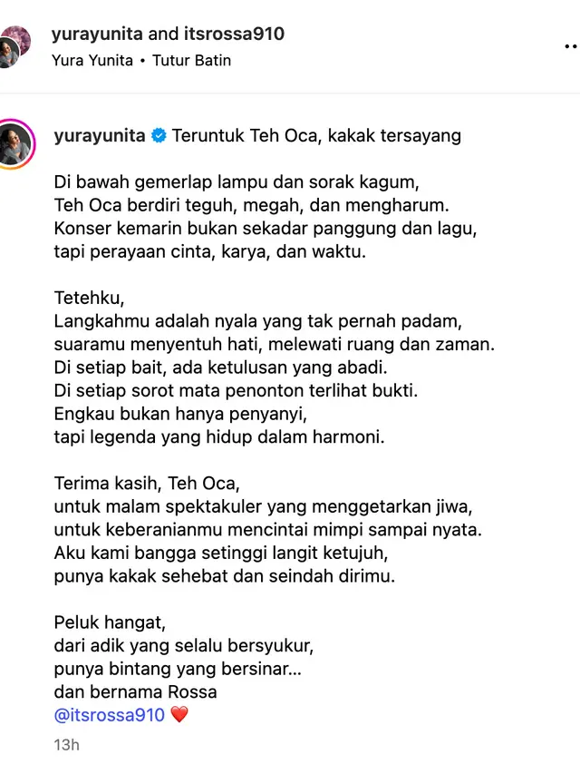 Unggahan Yura Yunita. (Foto: Dok. Instagram @yurayunita)