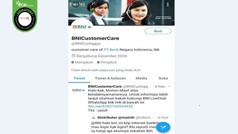 Gambar Tangkapan Layar Akun Twitter Mencatut Nama Customer Care BNI