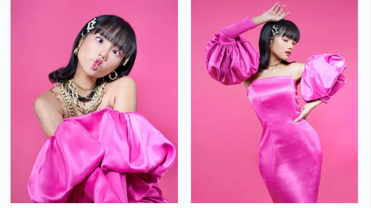 Pemotretan Fuji memakai dress shocking pink (Foto: Instagram fuji_an)