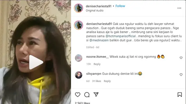 Denise Chariesta sebut Iqlima Kim dan pengacaranya hanya panjat sosial (pansos) kala berseteru dengan Hotman Paris (https://www.instagram.com/p/CdJ_dEBhTJG/)