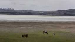 Pemandangan dasar Danau Buyukcekmece di Istanbul, Turki, 21 September 2020. Ketinggian air di sembilan bendungan yang memasok kebutuhan Kota Istanbul pada 21 September 2020 merosot menjadi 40 persen, turun dari 52 persen pada periode yang sama tahun lalu. (Xinhua/Osman Orsal)