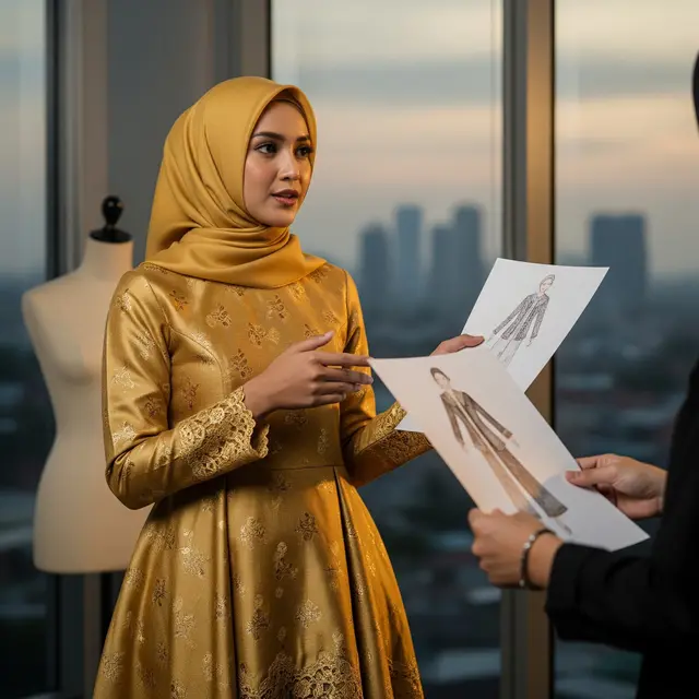 Model Gamis Batik Brokat Warna Gold