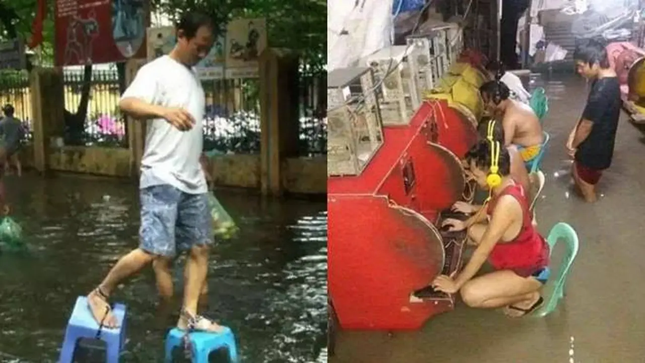 15 Aksi Kocak Orang Hadapi Musibah Banjir, Tetap Dibawa Santai