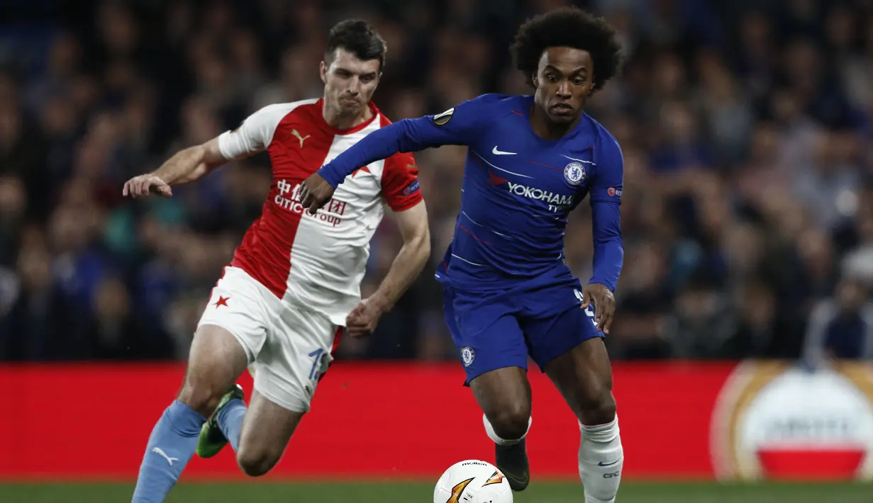 Willian. Duel Ondrej Kudela dan Willian ini terjadi di leg kedua babak perempatfinal Liga Europa 2018/2019, 18 April 2019 di Stamford Bridges Stadium. Dalam laga tersebut Ondrej kudela dkk kalah 3-4 dan akhirnya tersingkir setelah sebelumnya di leg pertama juga kalah 0-1. Di leg pertama, Ondrej Kudela tidak dimainkan dan hanya duduk di bangu cadangan. (AFP/Adrian Dennis)