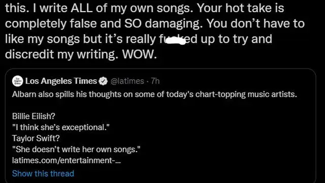 Unggahan Taylor Swift tentang kalimat Damon Albarn. (Twitter/ taylorswift13)