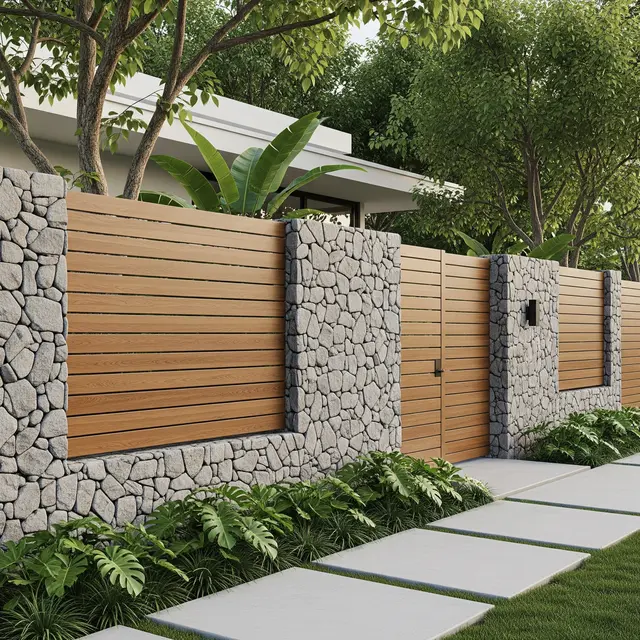 Model Pagar Rumah Modern Tanpa Motif Ramai dengan Sentuhan Kayu Natural (Image by Gemini AI)