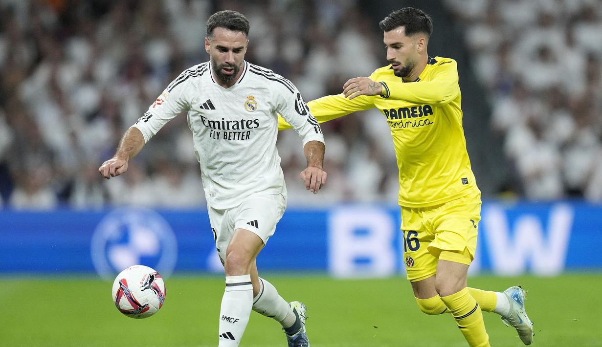 Hal itu terjadi setelah pemain Los Blancos Dani Carvajal berebut bola dengan Yeremy Pino. (AP Photo/Bernat Arnangue)
