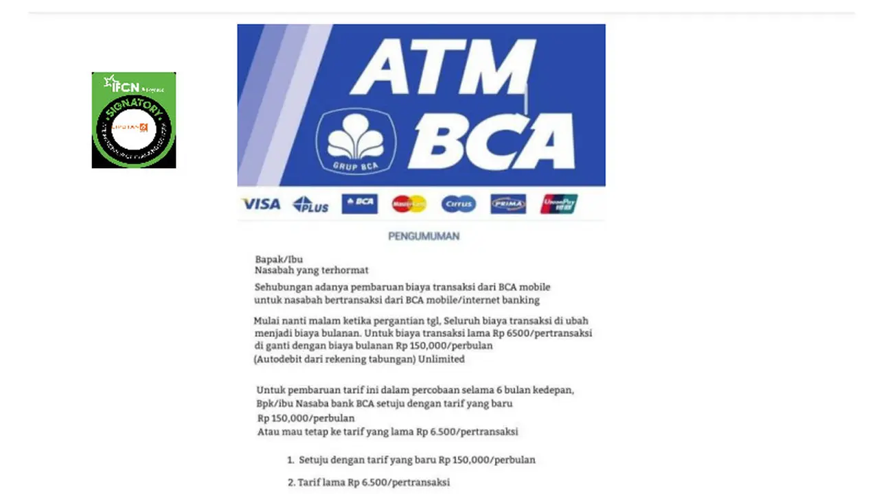 Tangkapan layar pengumuman kenaikan biaya transaksi menggunakan BCA Mobile jadi Rp 150 ribu