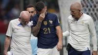 Bek timnas Prancis, Lucas Hernandez meninggalkan lapangan setelah cedera pada penyisihan  Grup D Piala Dunia 2022 kontra Australia di Al Janoub Stadium, Rabu (23/11/2022) dini hari WIB. Lucas Hernandez jadi tumbal kemenangan Prancis saat melawan Australia. (AP Photo/Thanassis Stavrakis)