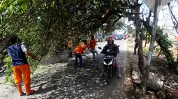 Petugas membantu pengendara motor melewati pohon yang hampir tumbang dan melintang di Jalan Raya Pondok Cabe, Tangerang Selatan, Banten, Sabtu (21/1/2023). Pohon ceri tersebut hampir tumbang awalnya disebabkan adanya perbaikan kabel telekomunikasi yang ditinggalkan begitu saja oleh teknisi. (merdeka.com/Arie Basuki)