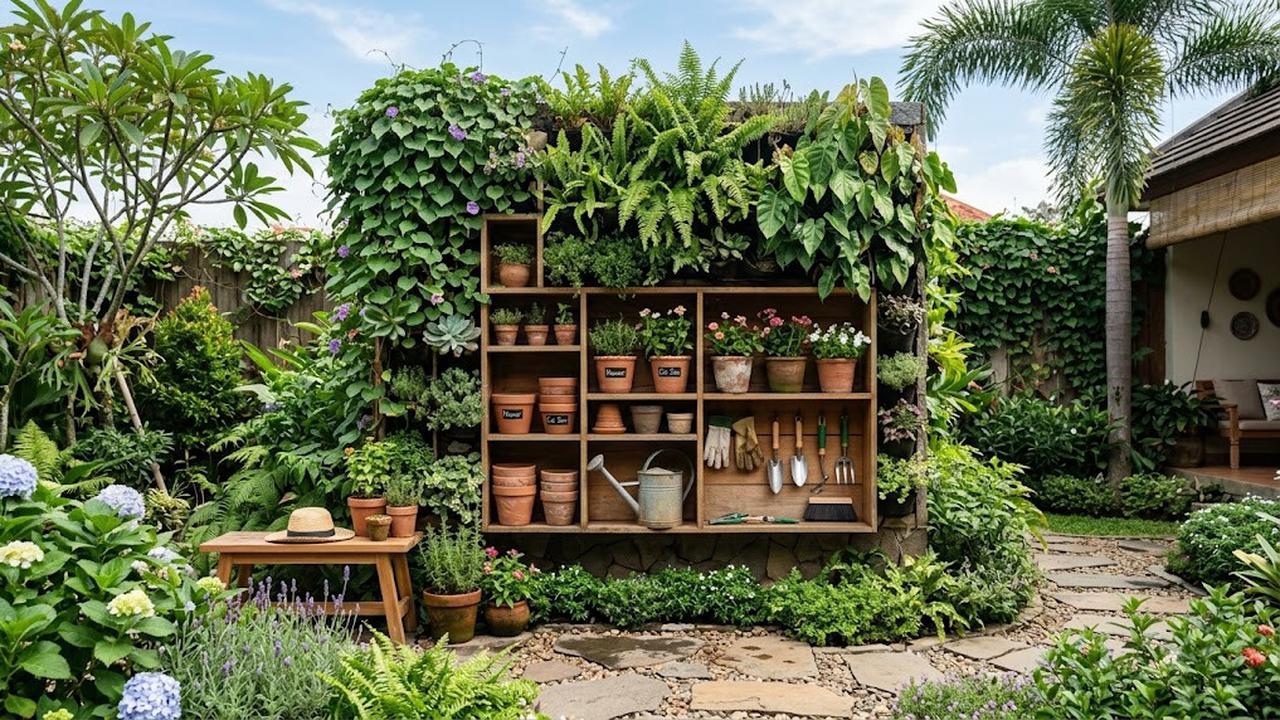Ide Tempat Penyimpanan Pot dan Alat Berkebun yang Menyatu dengan Taman/AI Generated