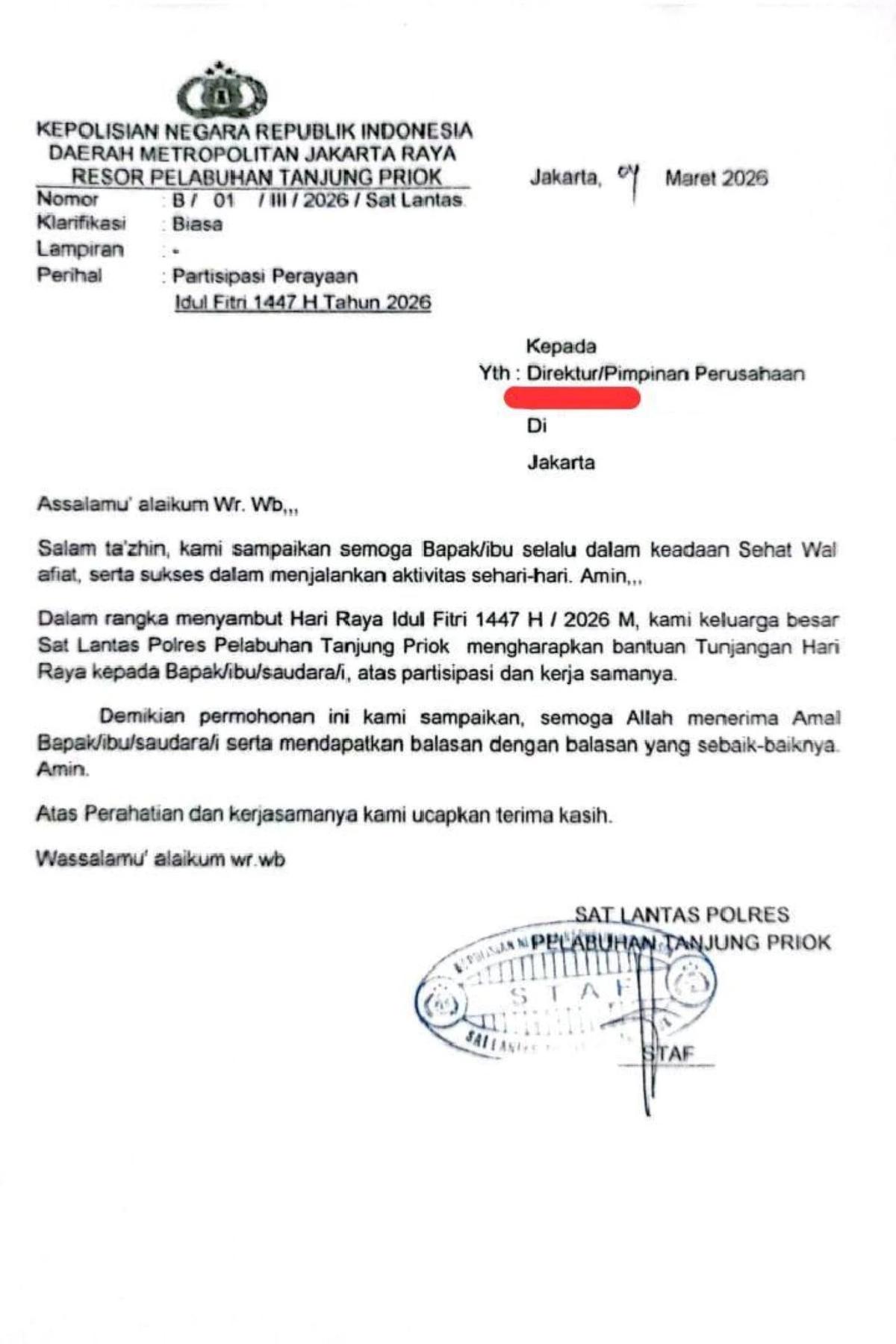 Beredar Surat Permintaan THR Catut Nama Satlantas Polres Pelabuhan Tanjung Priok