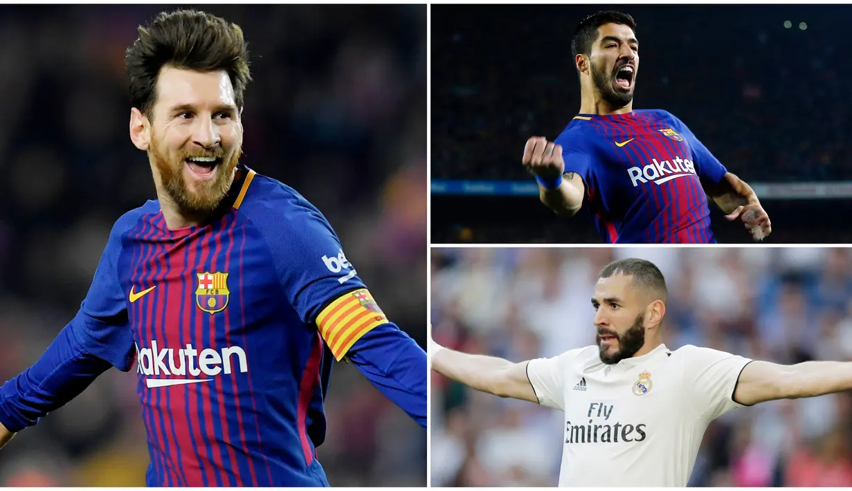 Berikut ini daftar top scorer La Liga 2019. Lionel Messi di posisi teratas dengan koleksi 34 gol. (Foto Kolase AP dan AFP)