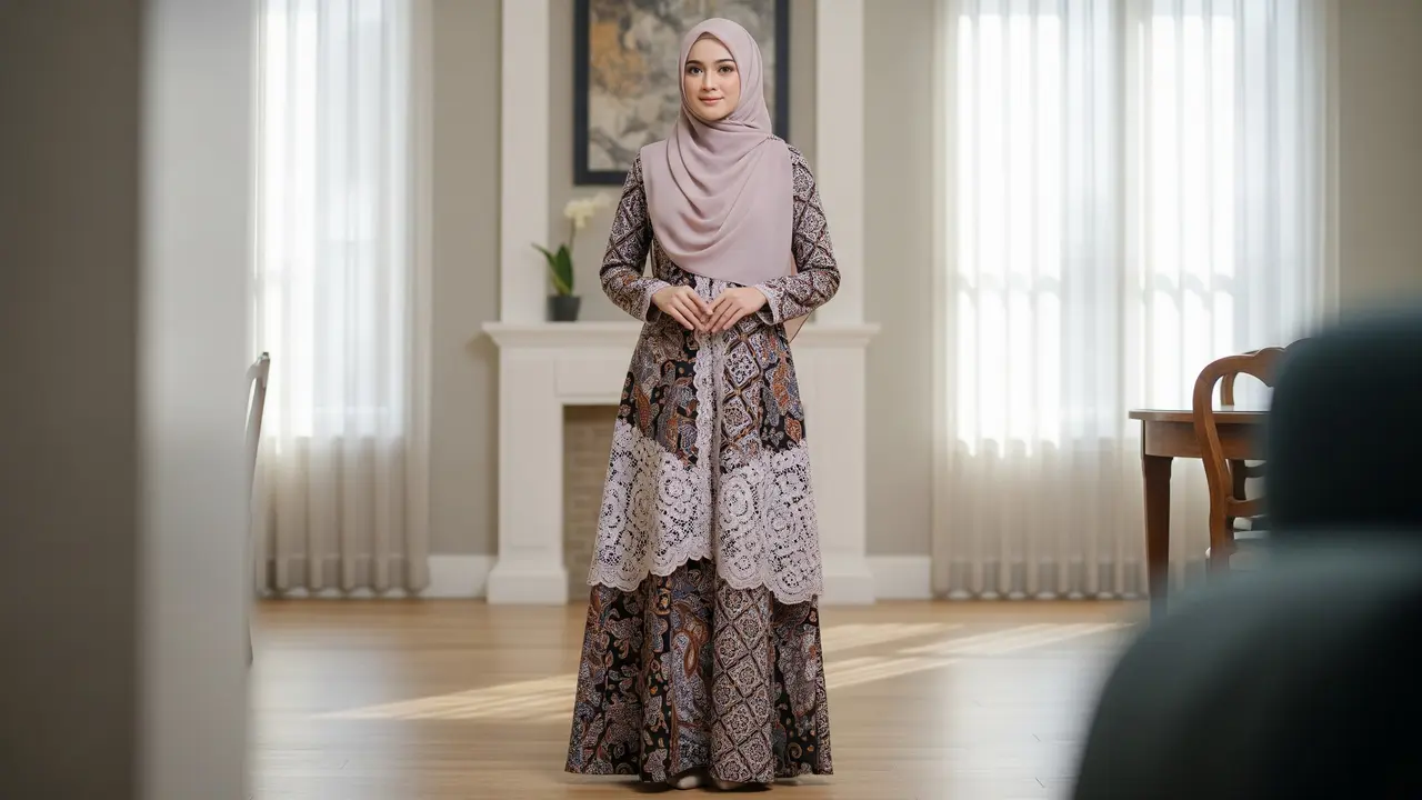 Model Gamis Batik Mix Tile Brokat Tanpa Berlebihan
